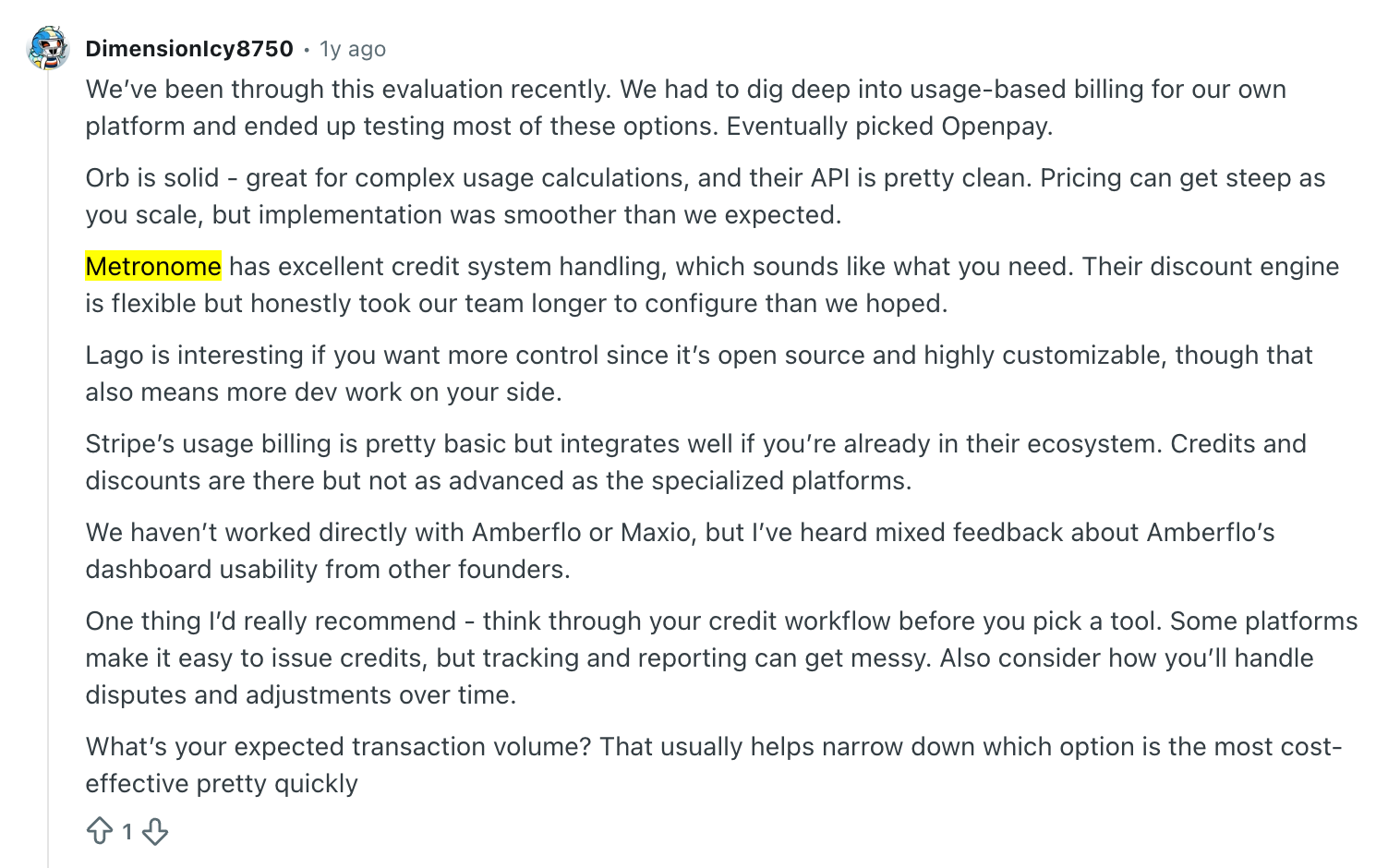 Reddit review praising Metronome’s credit handling while noting its discount engine takes time to configure.