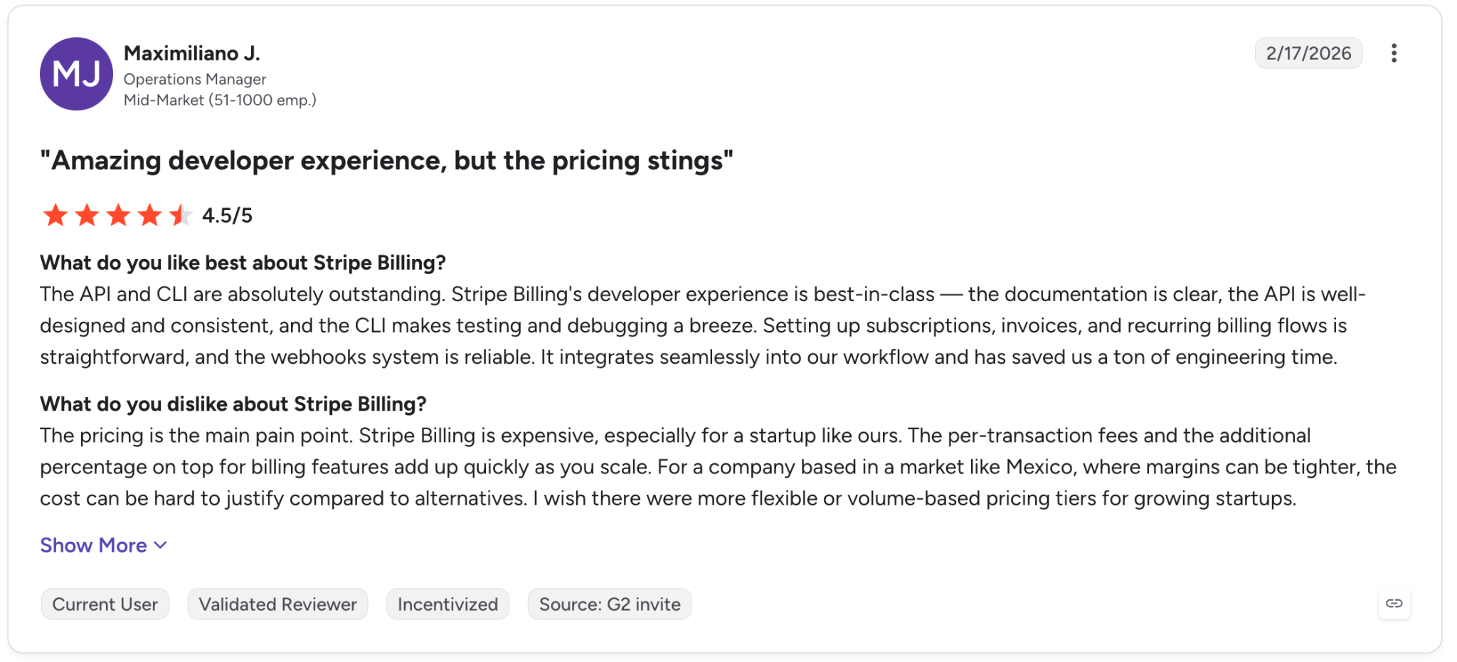G2 review praising Stripe Billing’s developer experience while criticizing its pricing and transaction fees.