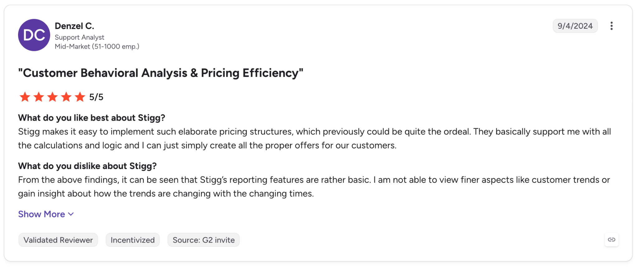 G2 review praising Stigg’s pricing flexibility while noting limited reporting and customer trend insights.