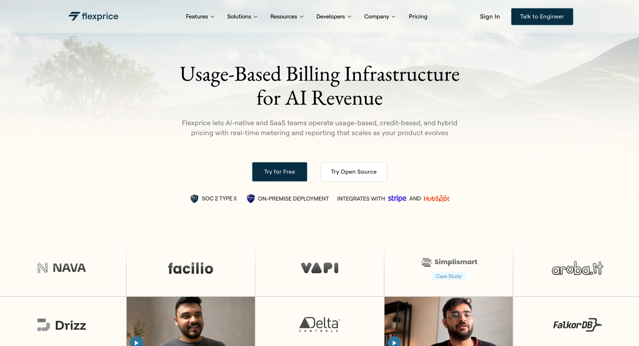 Flexprice homepage promoting usage-based billing infrastructure for AI revenue with real-time metering and hybrid pricing.