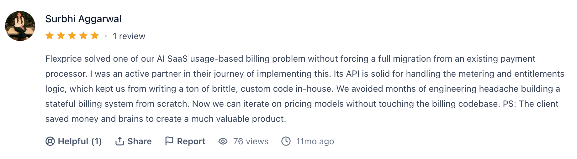 Product Hunt review praising Flexprice for usage-based billing, metering, entitlements, and pricing flexibility.