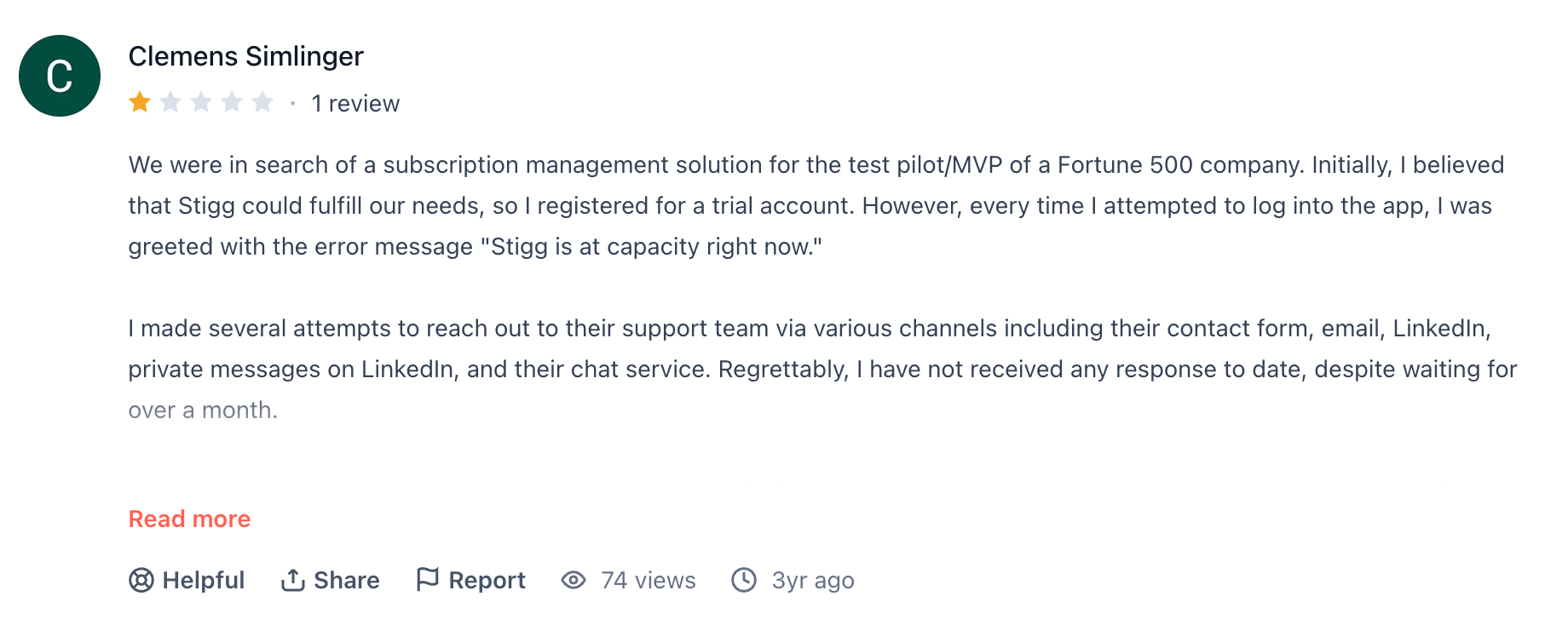 Product Hunt review criticizing Stigg for login capacity errors and unresponsive customer support.