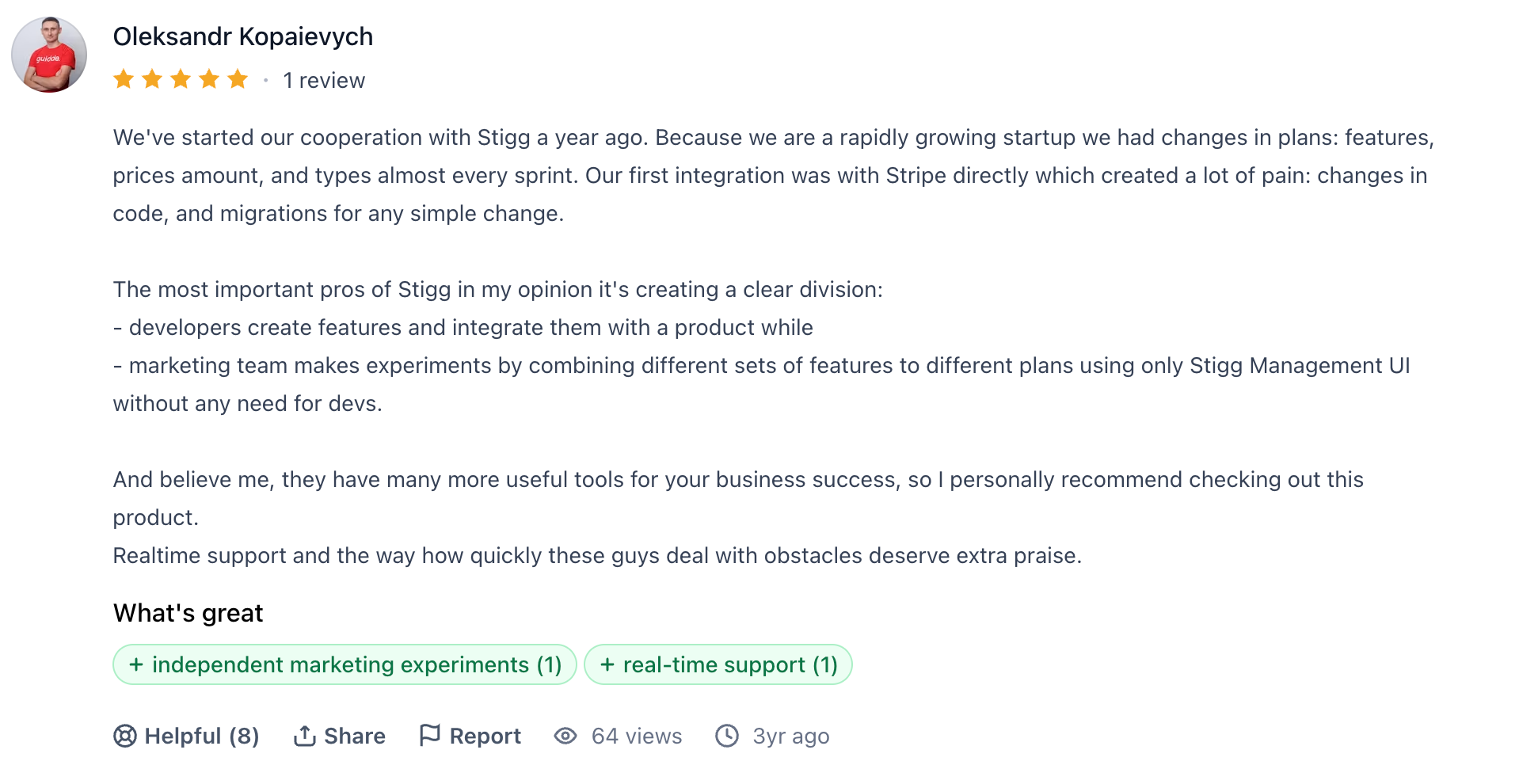 Product Hunt review praising Stigg for pricing experiments, product changes, and real-time support.