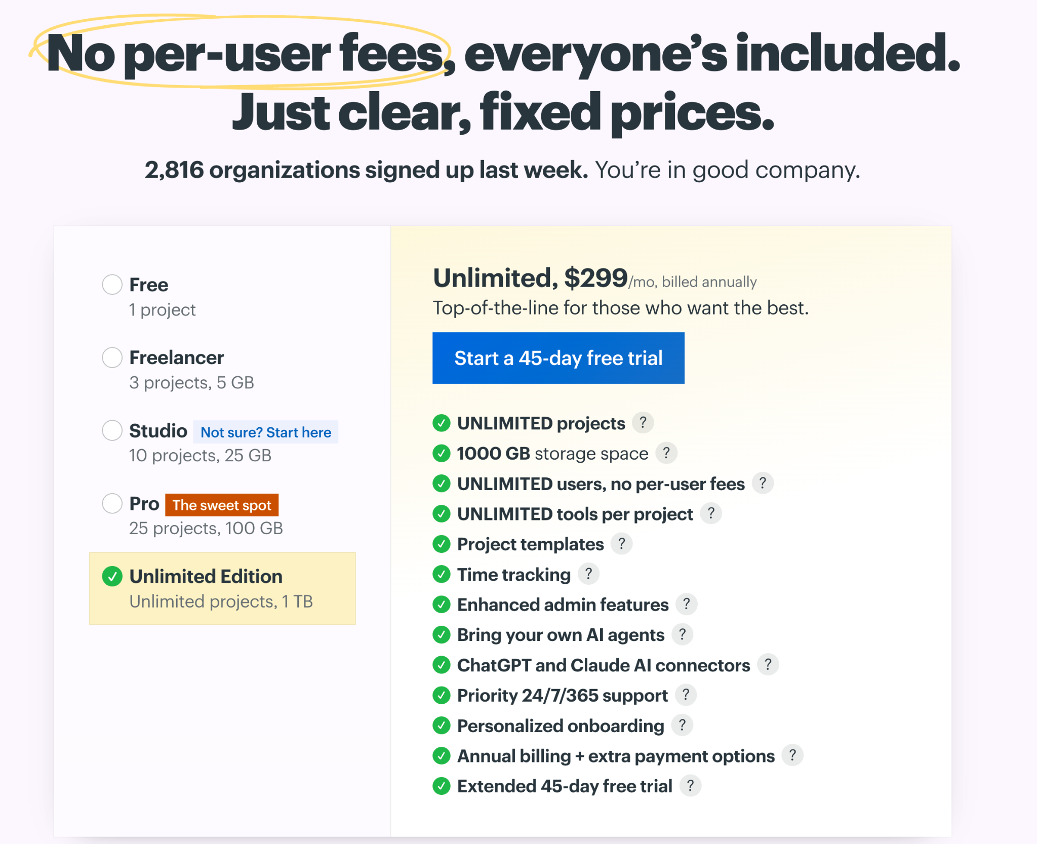 Basecamp pricing page showing fixed-price plans with unlimited users and the Unlimited plan at $299 per month billed annually.