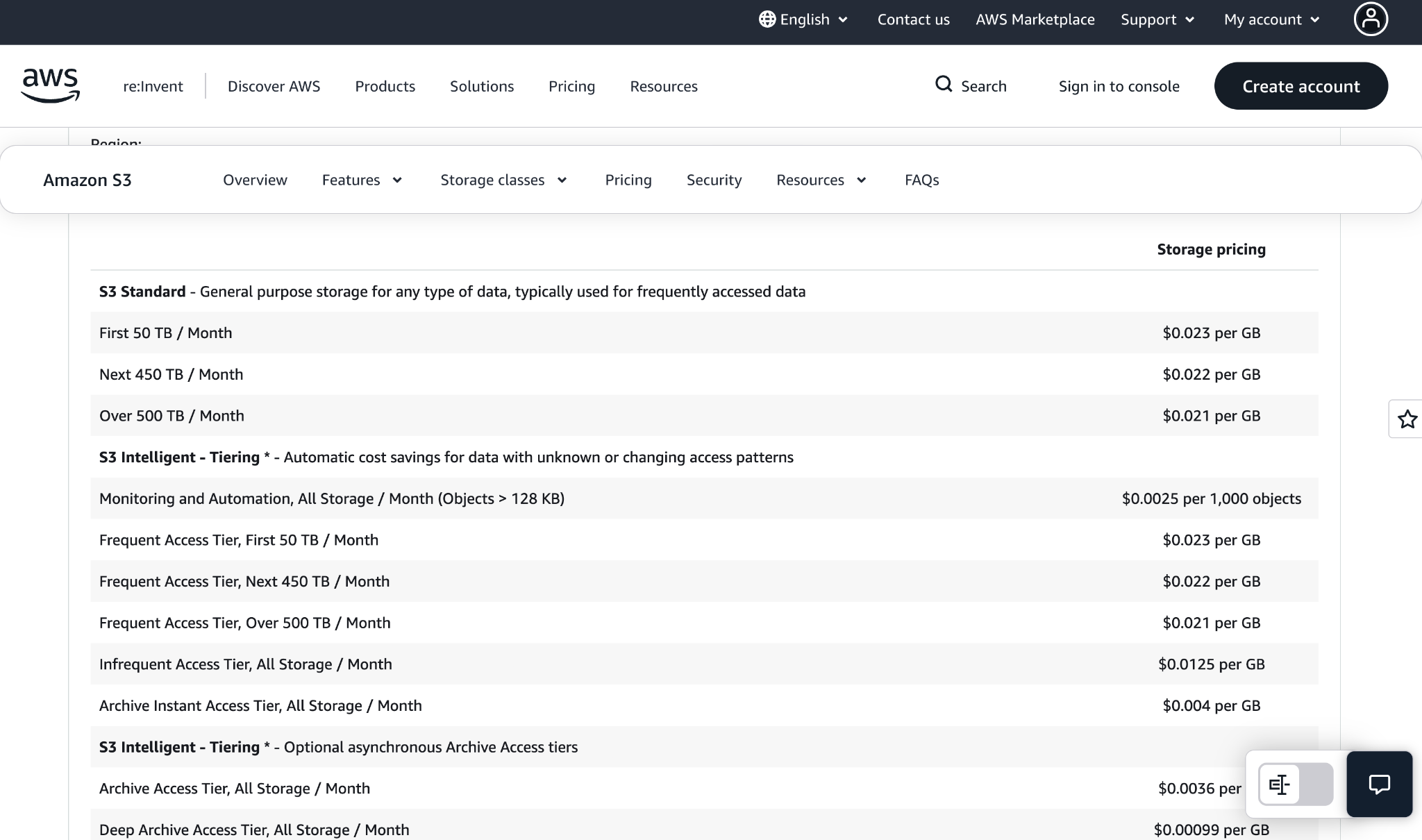 AWS S3 pricing page showing tiered storage rates for S3 Standard and S3 Intelligent-Tiering.