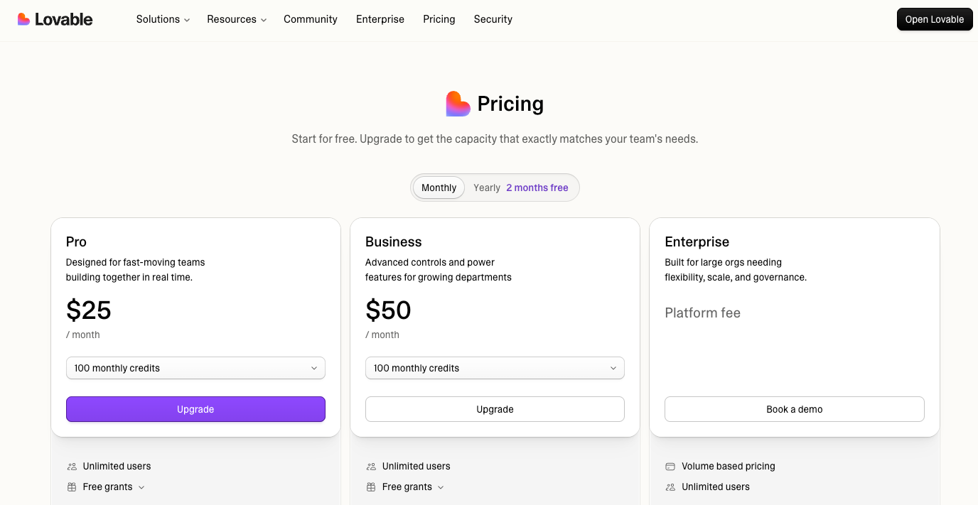 Lovable pricing page showing Pro at $25/month, Business at $50/month, and Enterprise pricing.