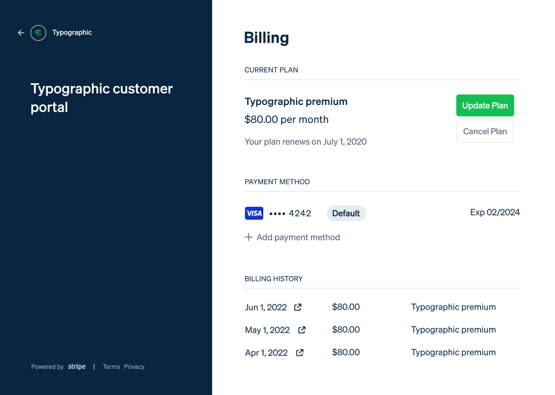 Stripe Billing customer portal showing plan details, payment method, and billing history.