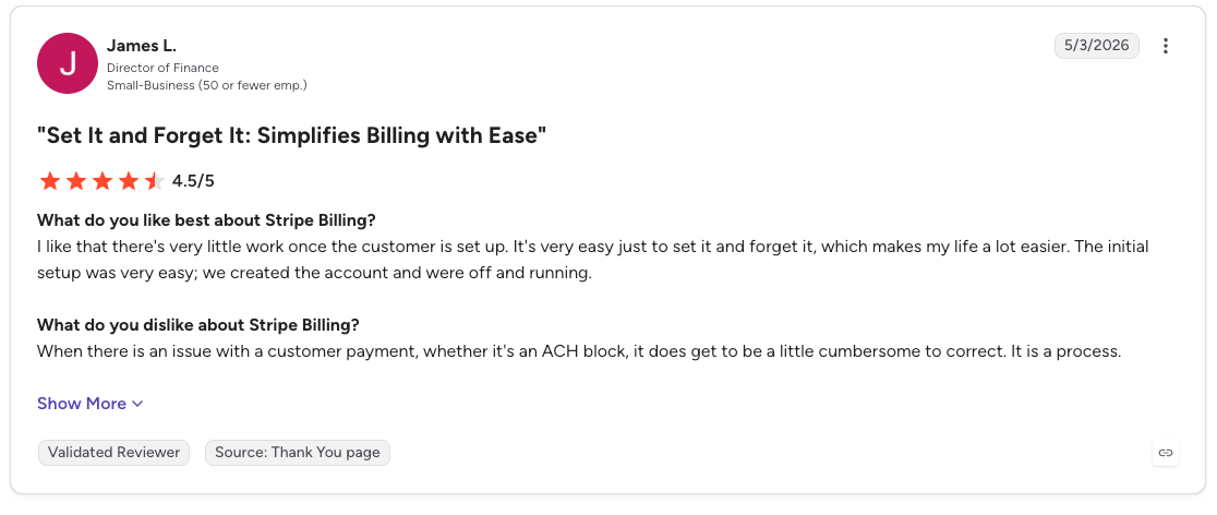Stripe Billing G2 review praising easy setup while noting payment issues can be cumbersome to correct.