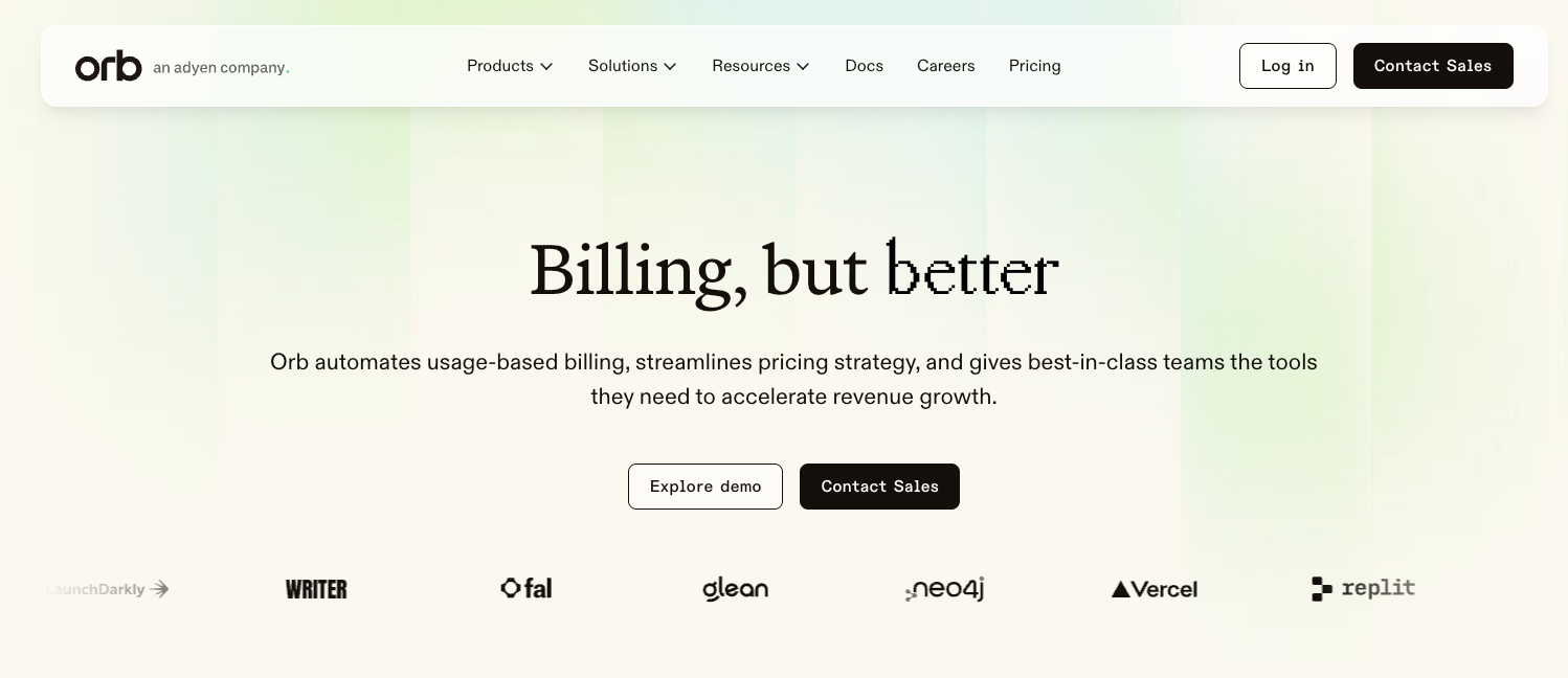 Orb homepage promoting usage-based billing, pricing strategy, and tools for launching AI agents.