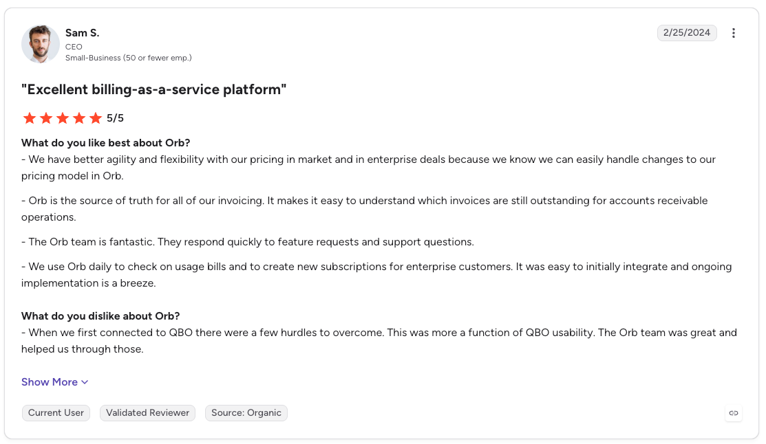 G2 review rates Orb 5/5 for pricing flexibility, invoicing visibility, responsive support, and easy integration.