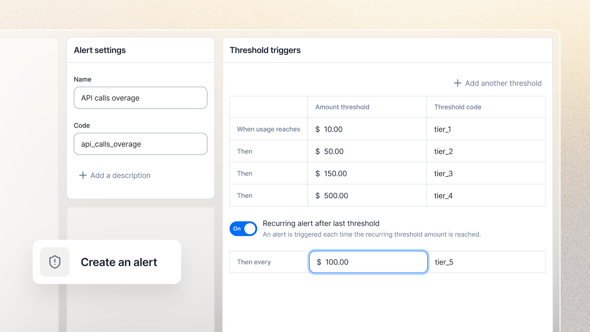 Lago alert settings showing usage thresholds and recurring overage triggers.
