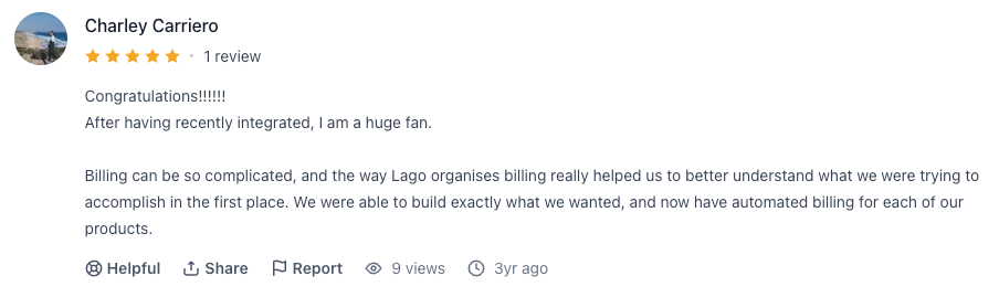 Product Hunt review praising Lago for simplifying billing setup and automating billing across products.