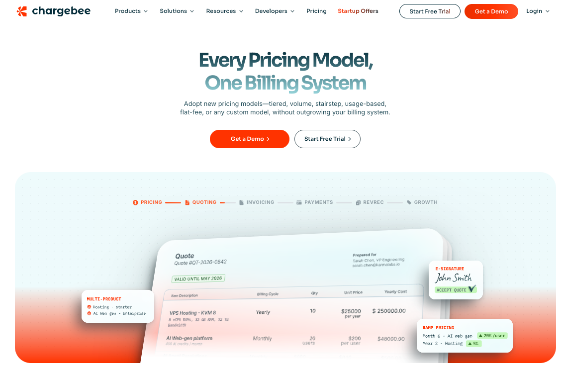 Chargebee homepage promoting one billing system for tiered, usage-based, flat-fee, and custom pricing models.