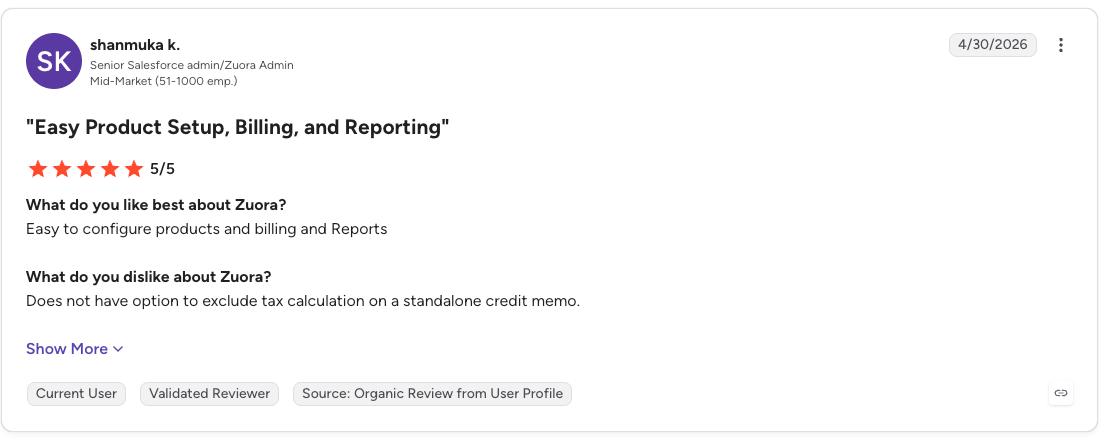 Zuora G2 review praising easy product setup, billing, and reporting while noting a credit memo tax limitation.
