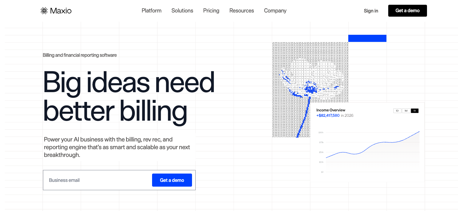 Maxio homepage promoting billing, revenue recognition, and financial reporting software for AI businesses.