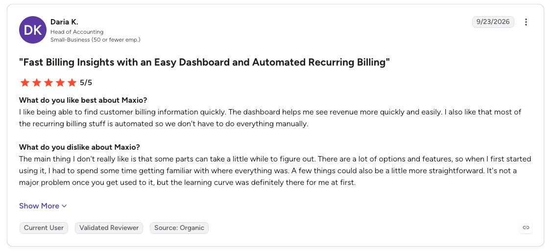 Maxio G2 review praising quick billing insights and automation while noting an initial learning curve.