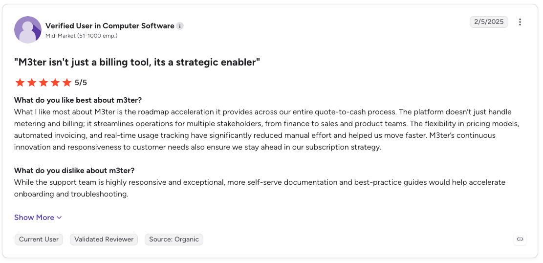 m3ter G2 review praising flexible billing and usage tracking while requesting more self-service documentation.