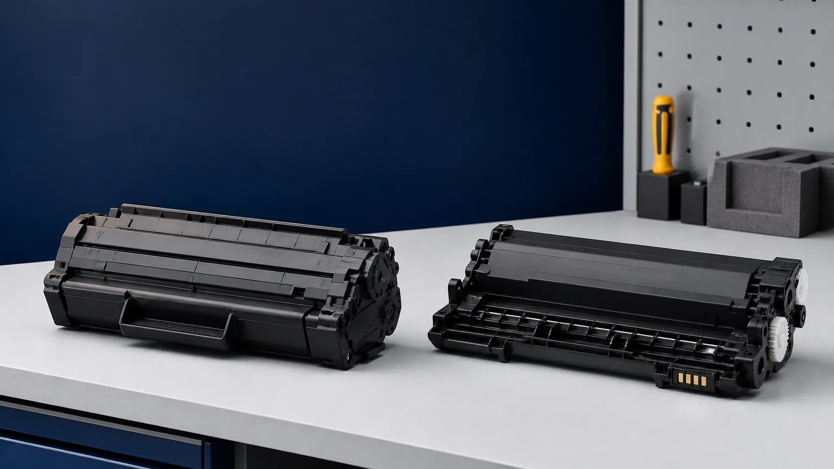 Generic toner cartridge and separate drum unit on an industrial quality-control bench.