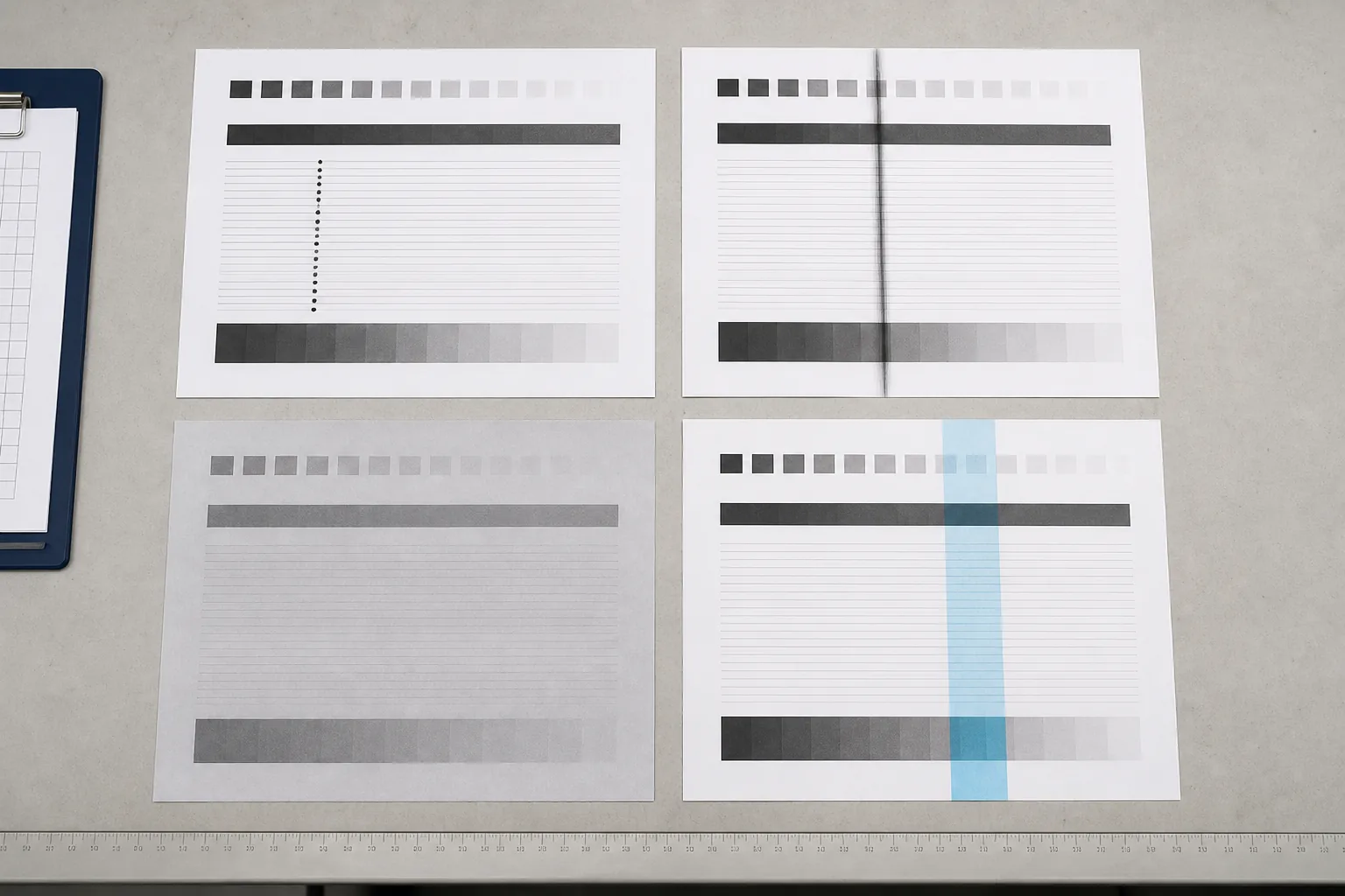 Four print sample sheets showing repeating dots, a vertical streak, gray background, and a cyan band.