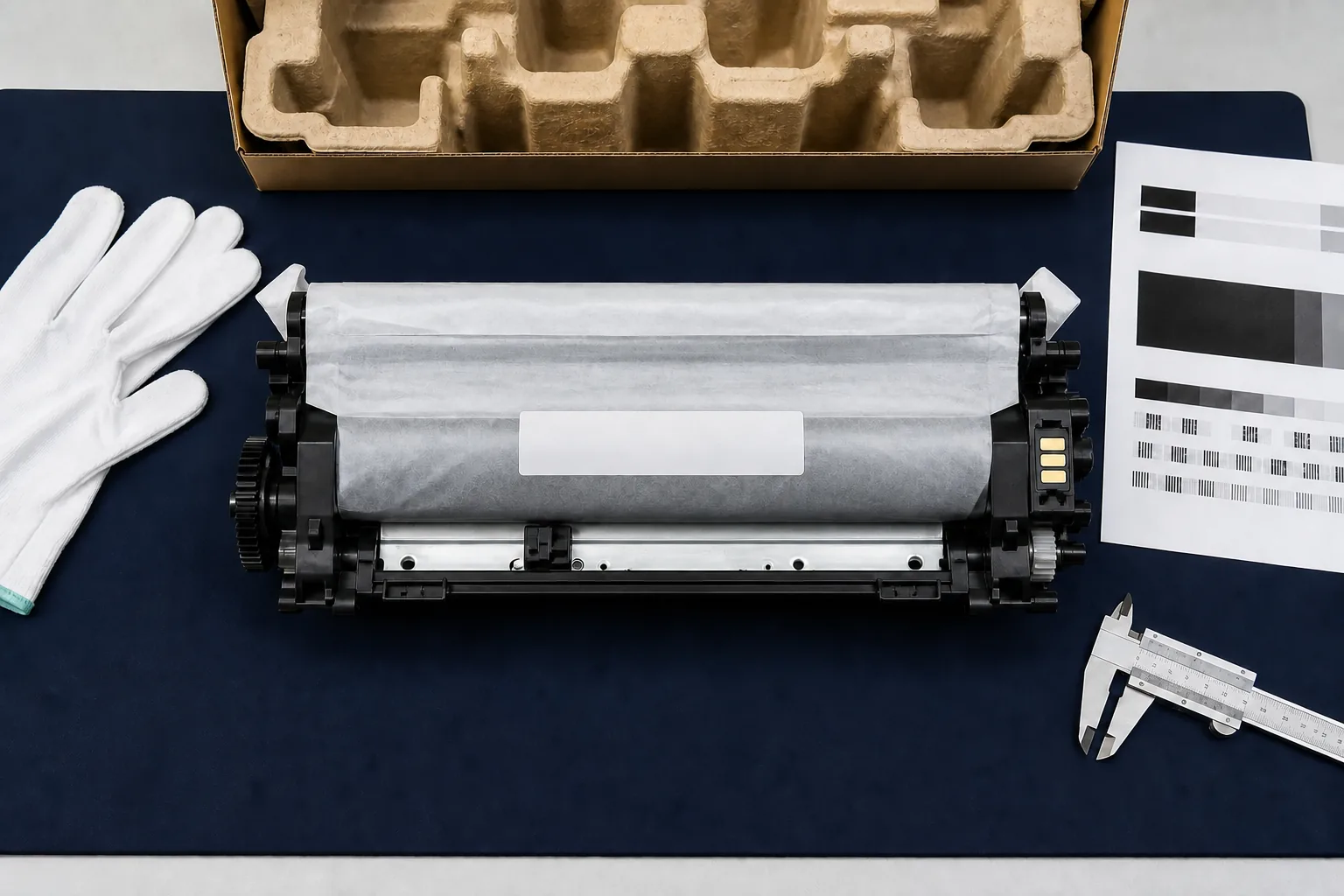 Protected generic drum assembly with gloves, packaging, label area, contacts, test sheet, and caliper on a QC bench.