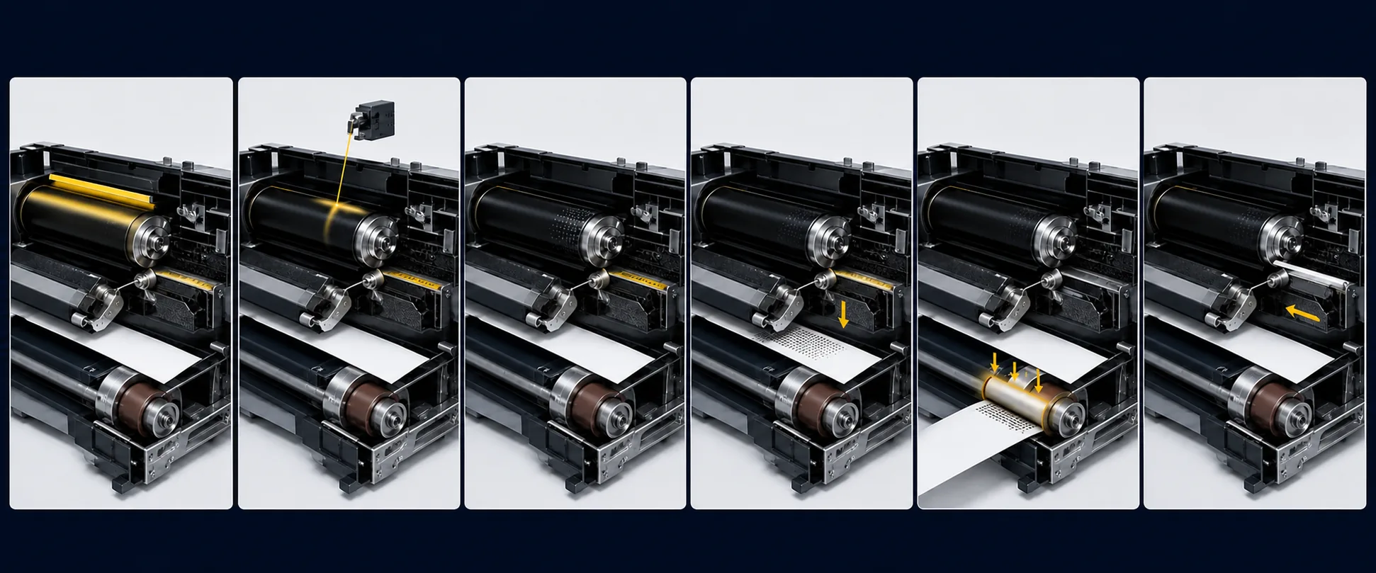 Six-panel technical sequence showing charge, laser exposure, toner development, transfer, fusing, and drum cleaning.