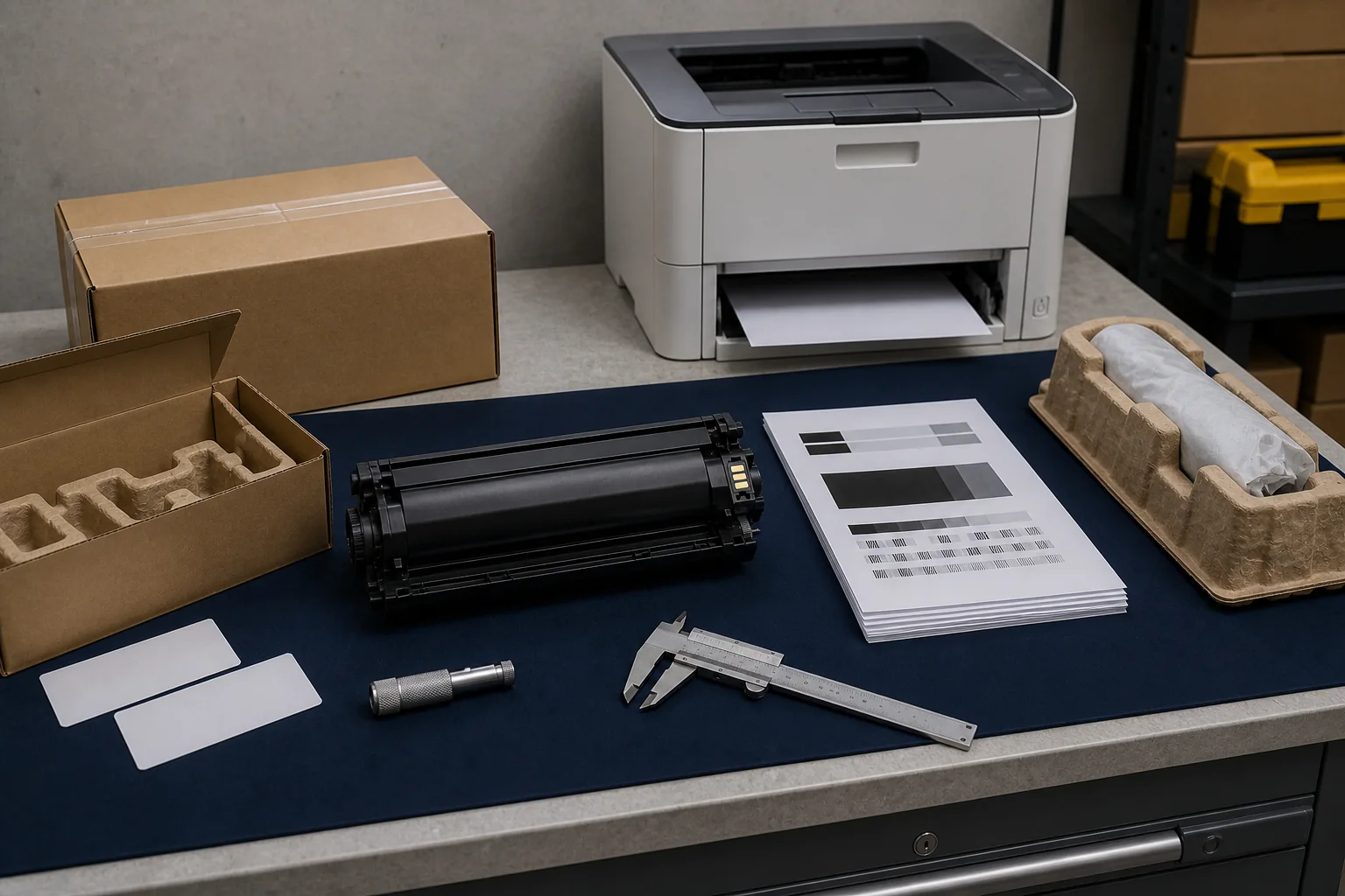 Generic toner cartridge, laser printer, print samples, inspection tools, blank lot cards, and protective packaging arranged on a quality-control bench.