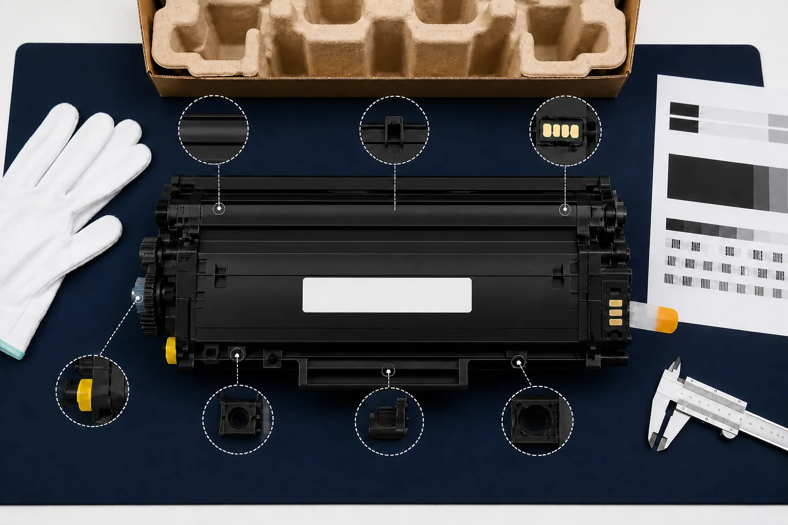 Generic toner cartridge on a navy inspection mat with enlarged views of molded keys, contacts, gears, seal, label area, packaging, test sheet, gloves, and caliper.