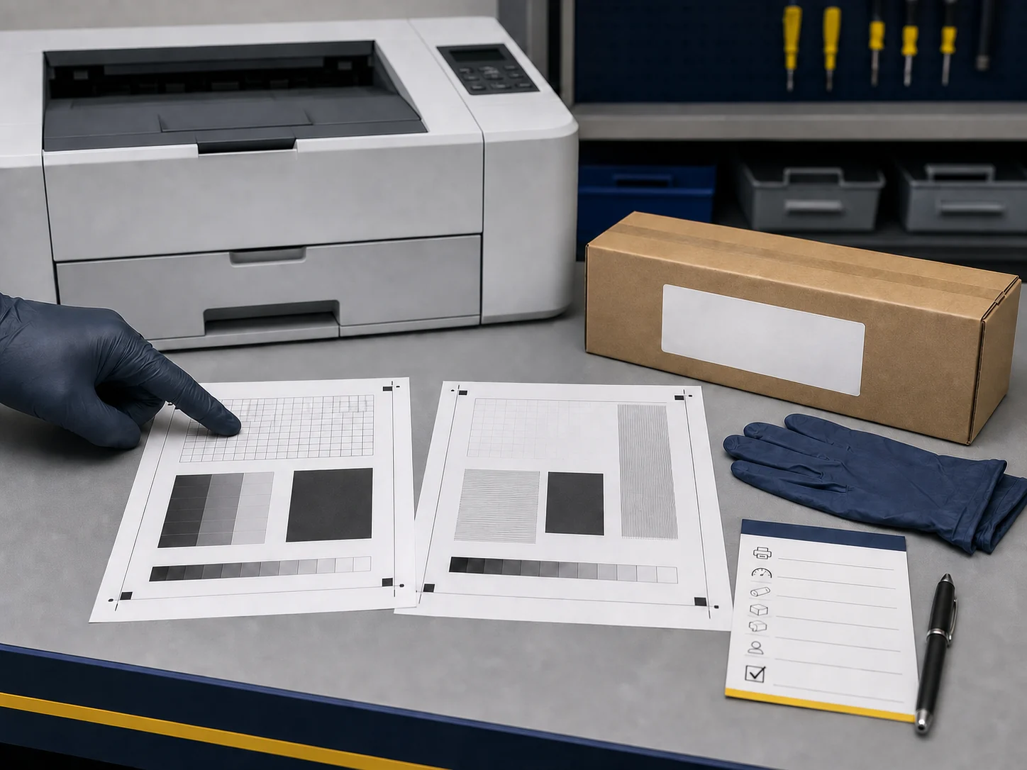 Impresora genérica, patrones de prueba sin texto, caja de tambor y registro de servicio en blanco para una comprobación posterior a la instalación.