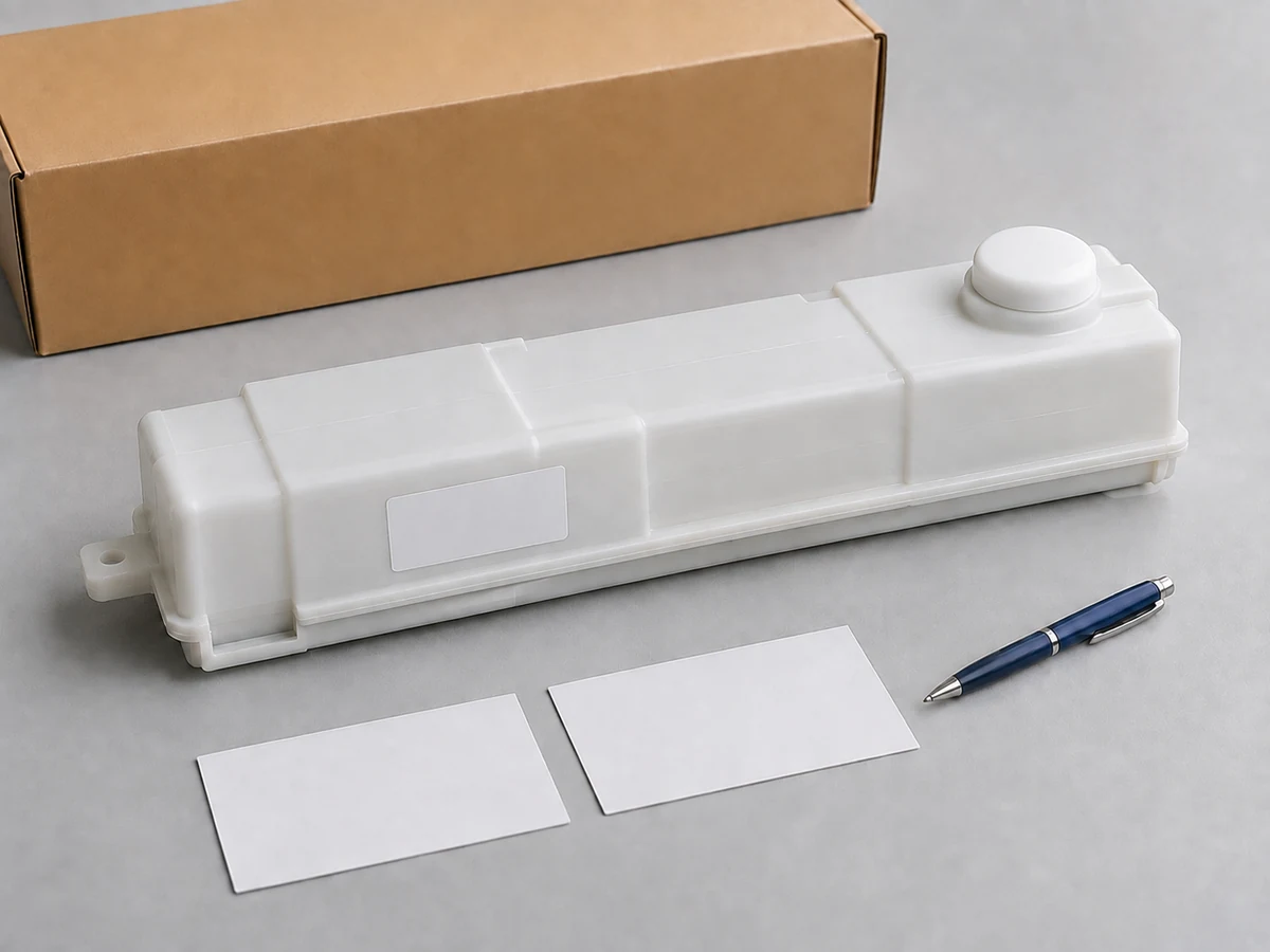 Closed waste toner container showing a blank label area, a locating tab and a guide edge beside blank comparison cards.