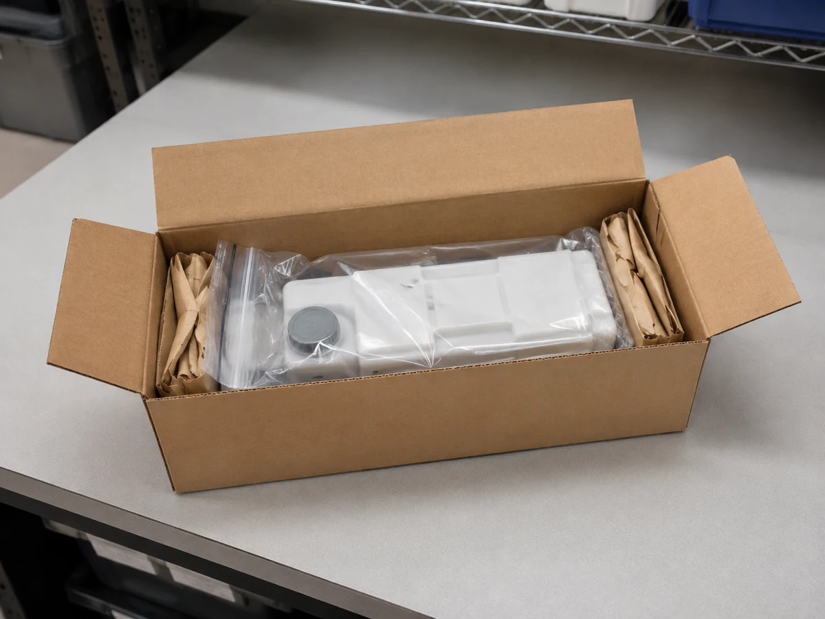 Closed waste toner container lies level inside a sealed clear bag, cushioned at both ends in a plain carton.