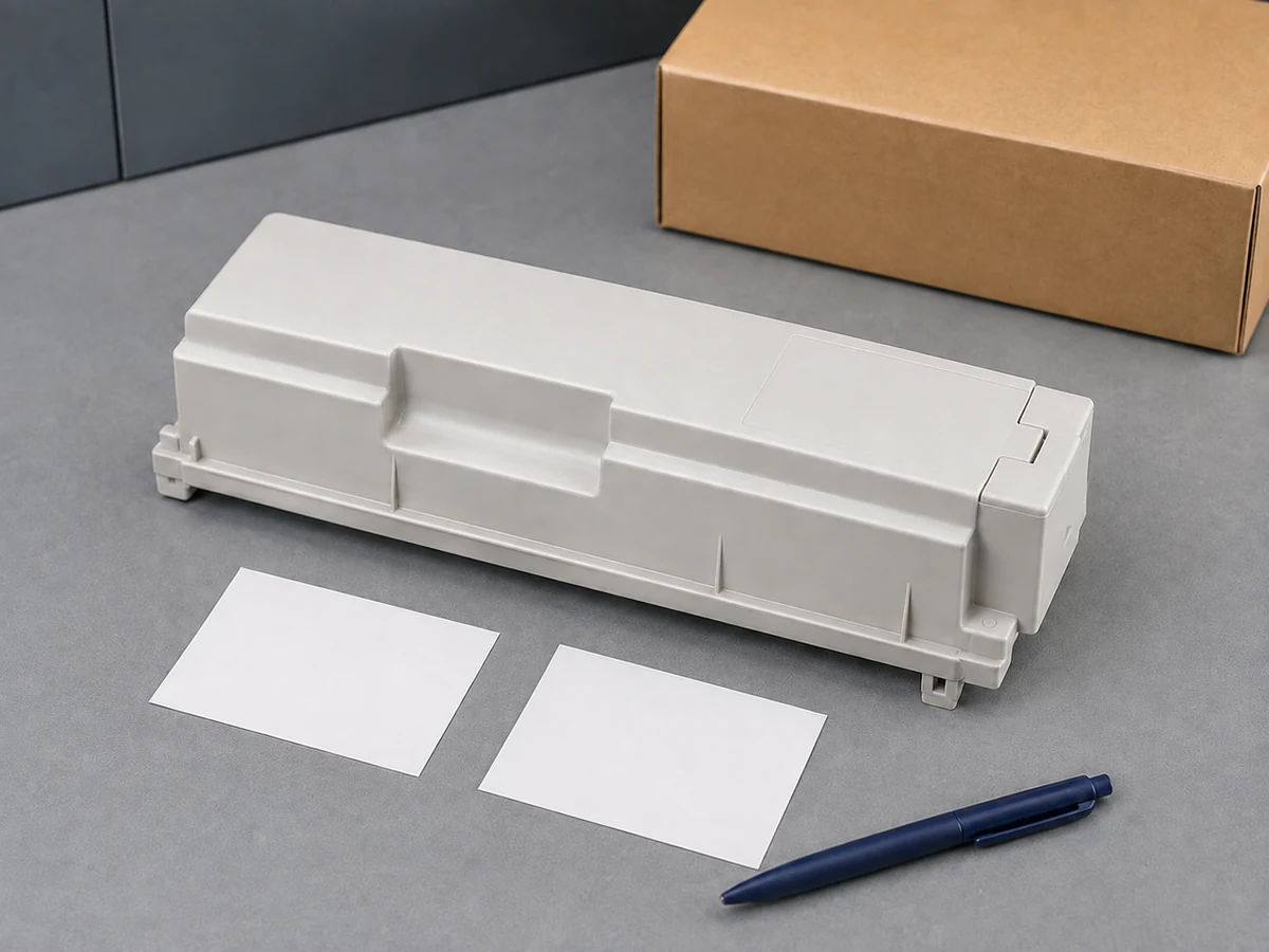Generic waste toner container on a workbench with blank comparison cards and visible grip and guide features.