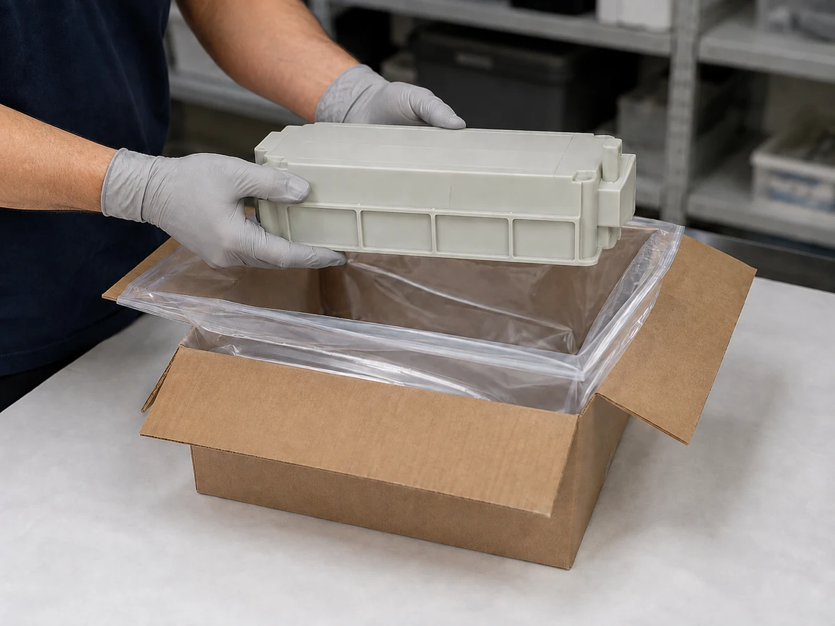 Technician lowers a sealed waste toner container into a clear bag inside a plain carton.