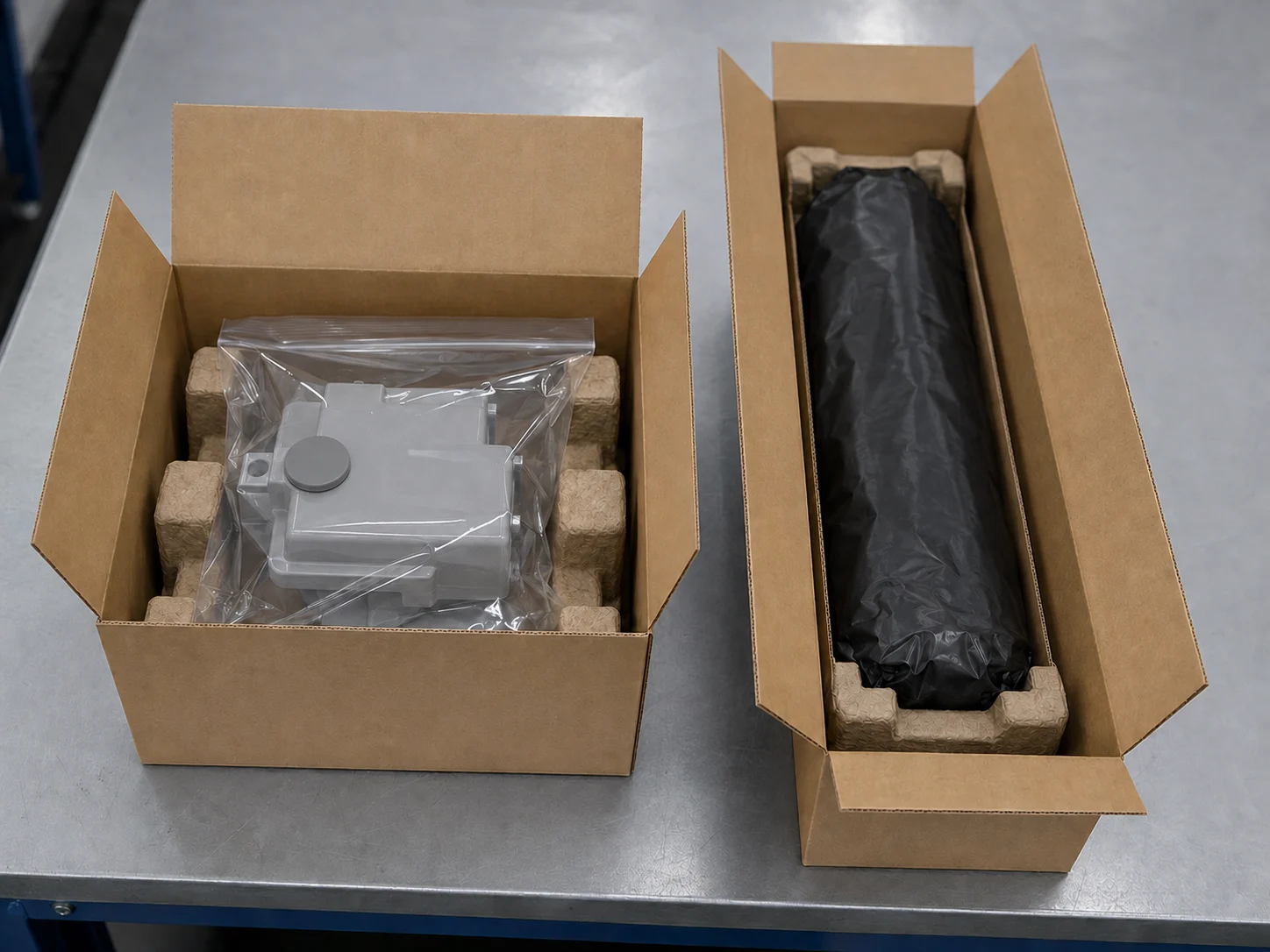 Un depósito residual tapado dentro de una bolsa transparente sellada, junto a un conjunto embalado por separado en una bolsa negra opaca.