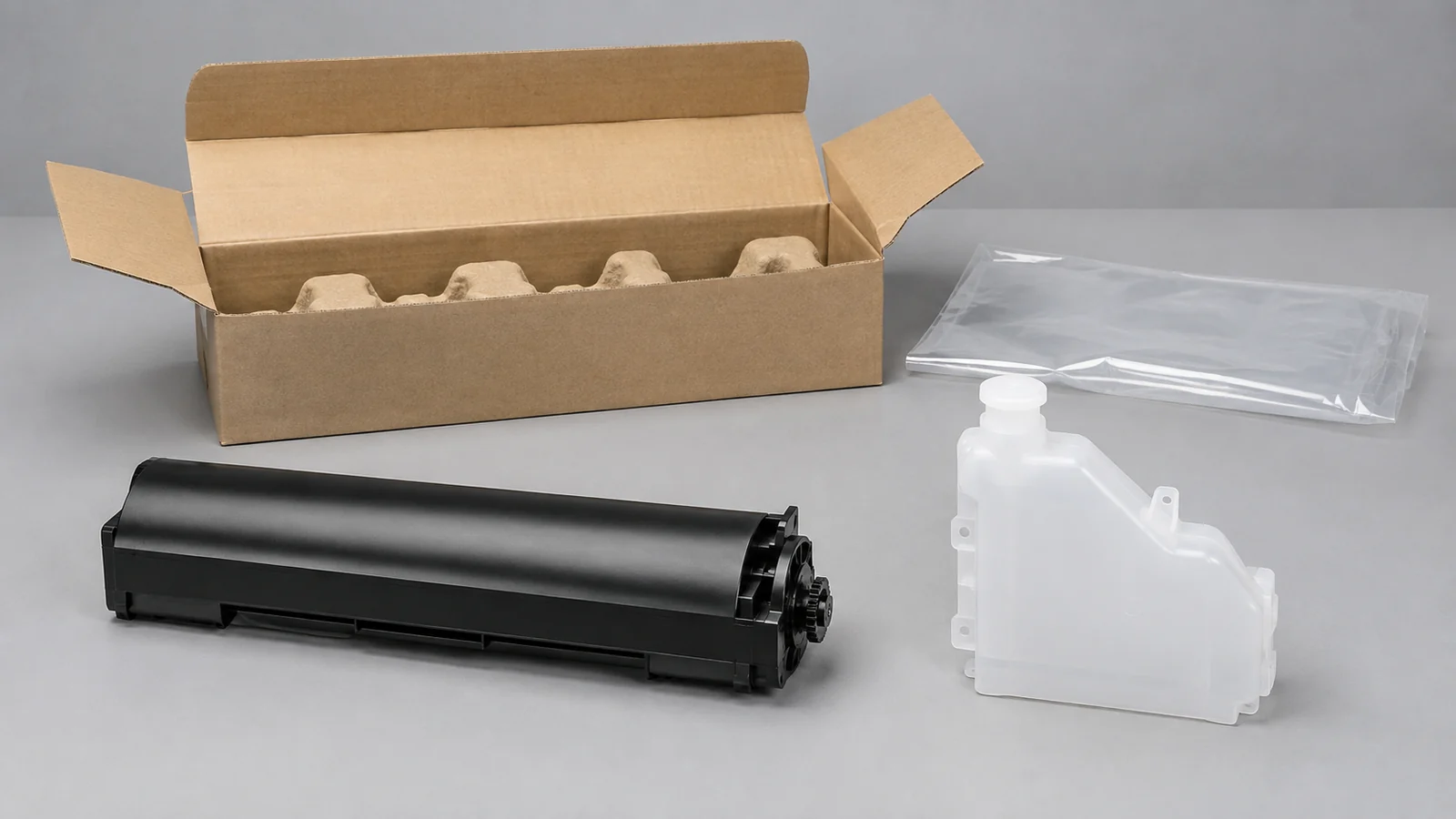 Um recipiente preto de toner e um reservatório translúcido de resíduos com tampa estão separados, diante de uma caixa e de um saco transparente dobrado.