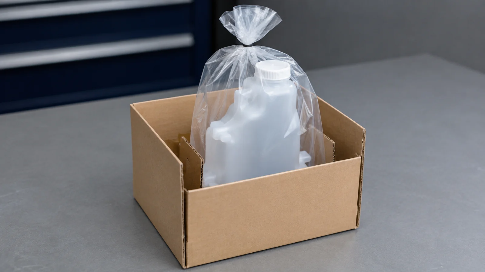 Um reservatório claro de resíduos de toner com tampa está dentro de um saco transparente amarrado e apoiado na vertical em uma caixa aberta.