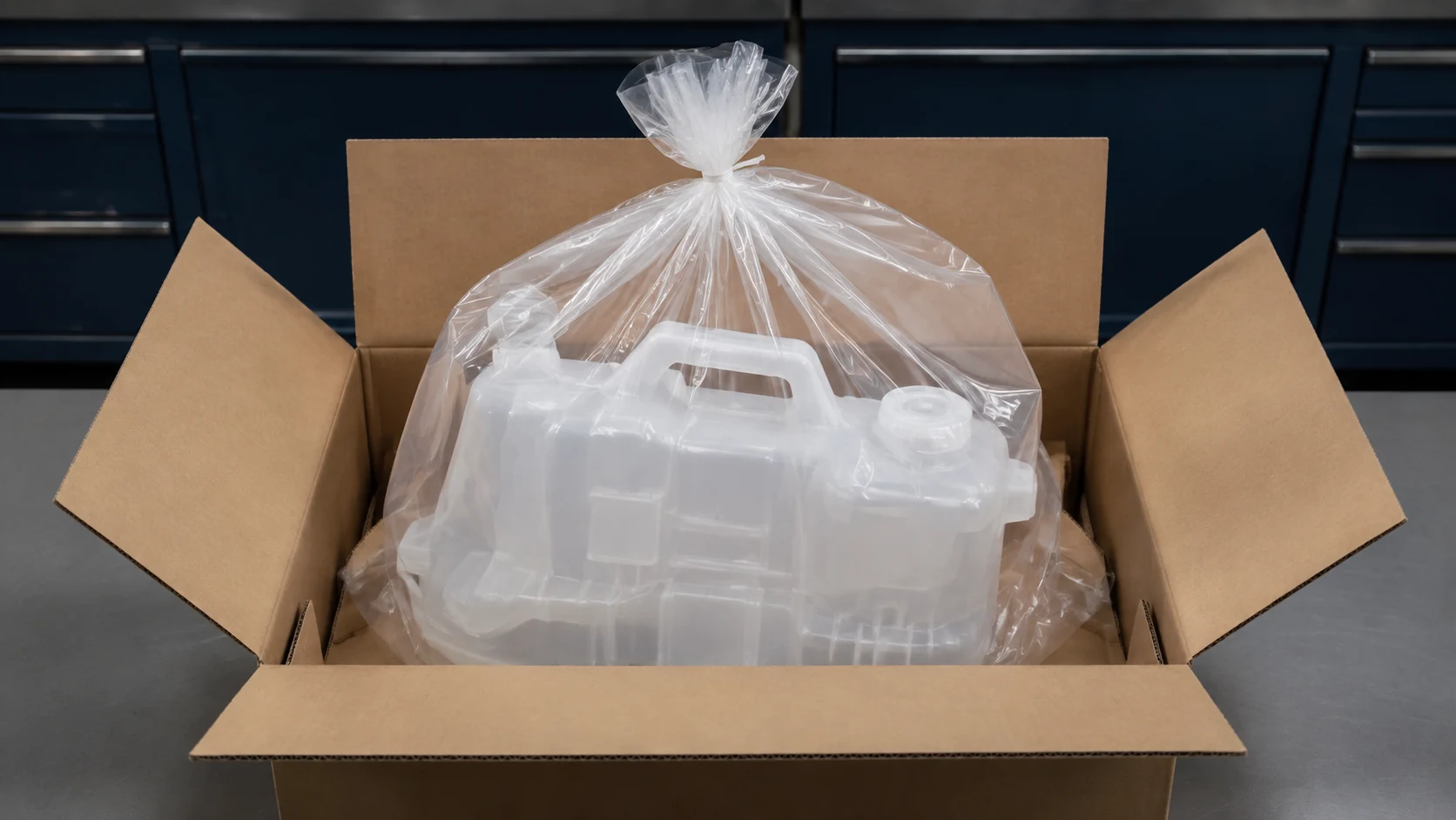 A pale waste container is enclosed in a tied clear bag and supported upright in a plain carton.