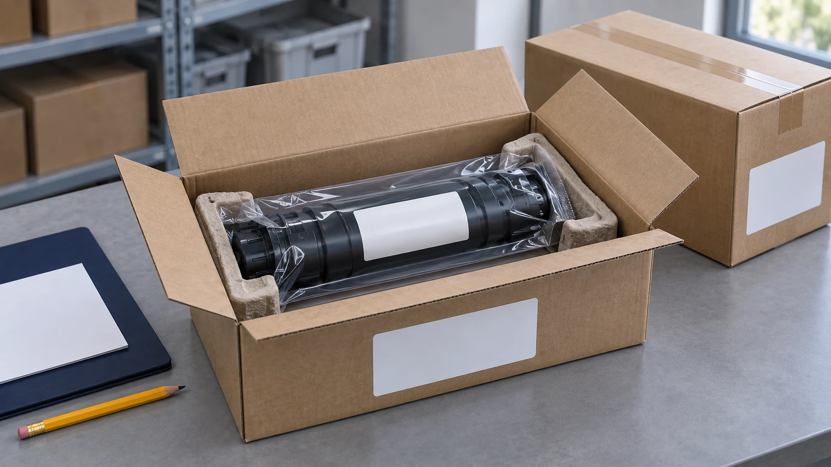 A toner bottle in a sealed clear bag rests in protective end supports inside an open carton with blank identification-label areas.
