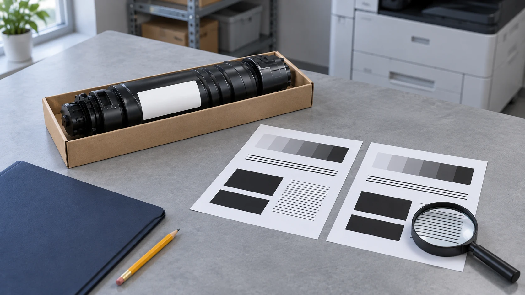 A closed toner bottle sits beside two monochrome print sample sheets with gray steps, black fields and fine lines.