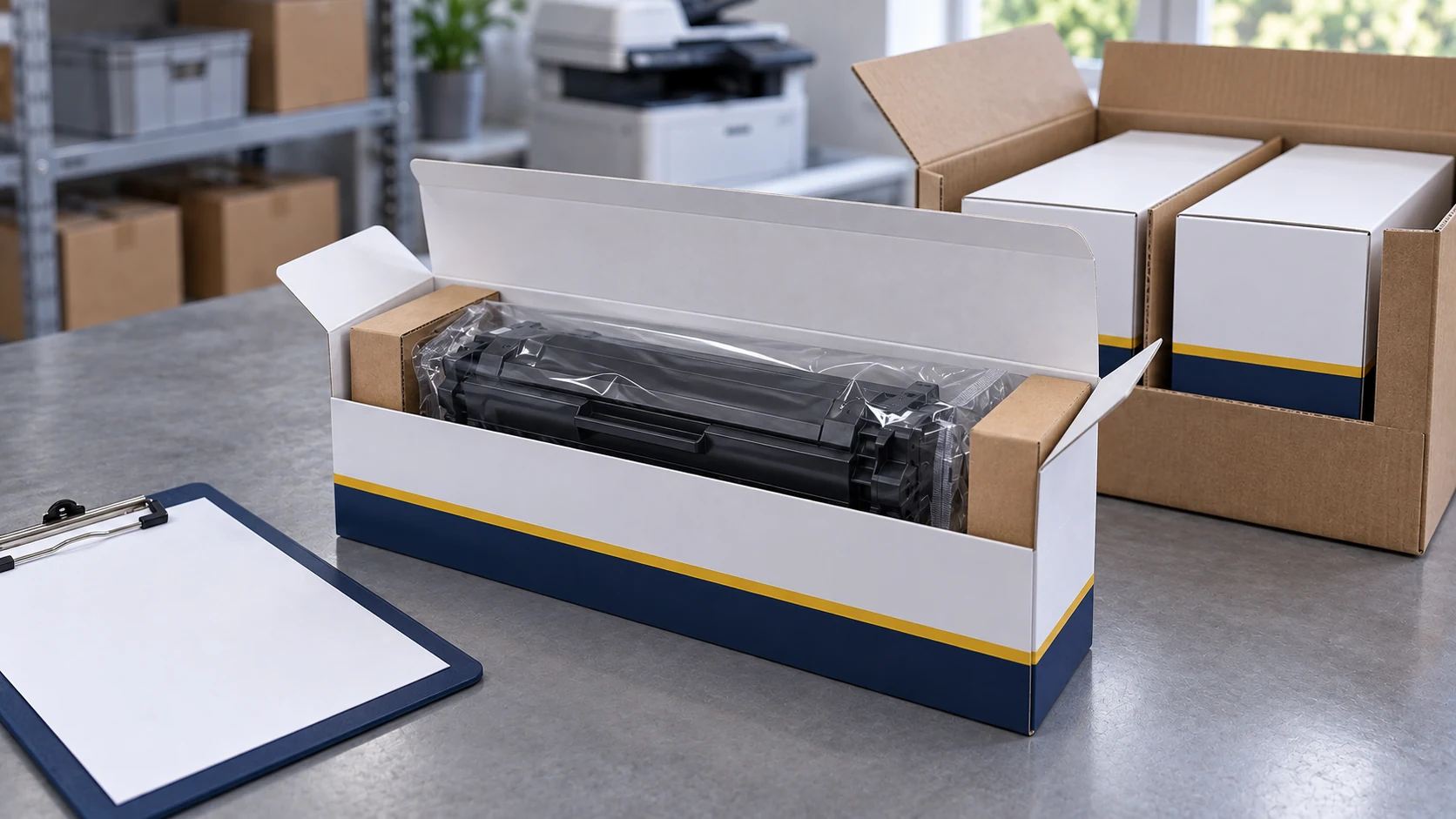 A sealed toner cartridge is held by paperboard supports in an open white carton beside two boxed units in a divided shipping carton.