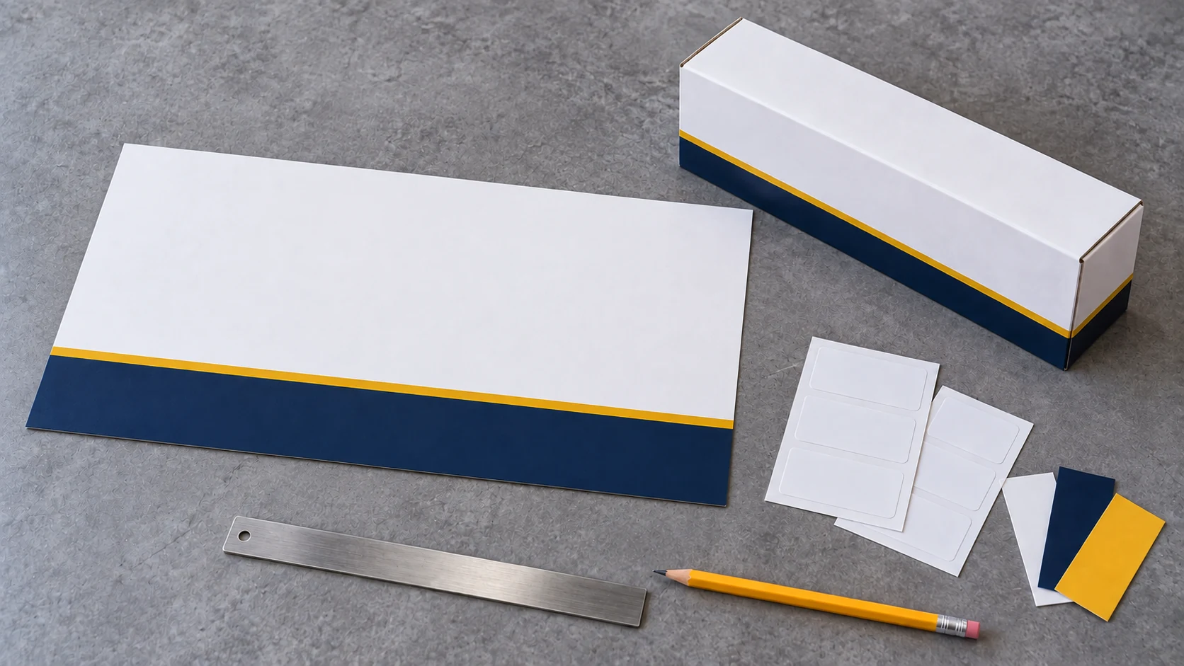 A flat navy-and-yellow packaging proof lies beside a matching white sample carton, blank label sheets and three color swatches.