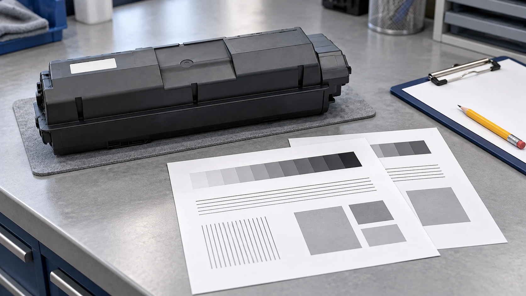 A closed black toner supply container sits beside two grayscale and line-pattern sheets, a blank clipboard and a yellow pencil.