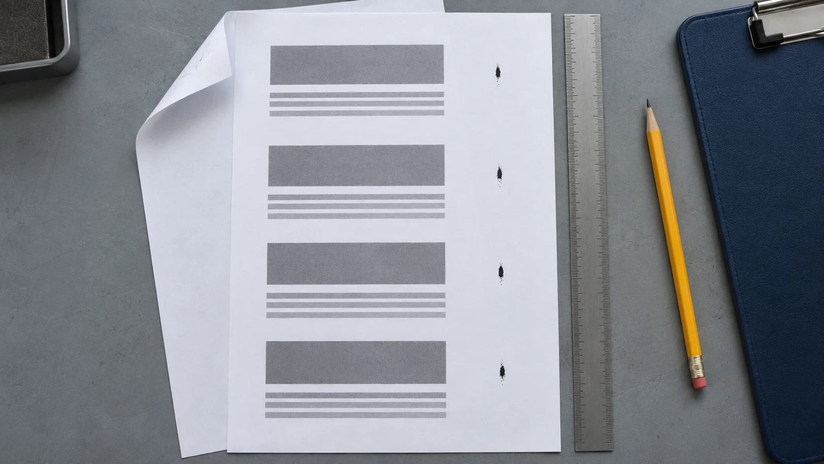 Overhead view of a page with four repeated dark marks beside an unnumbered ruler, a yellow pencil and a navy clipboard.