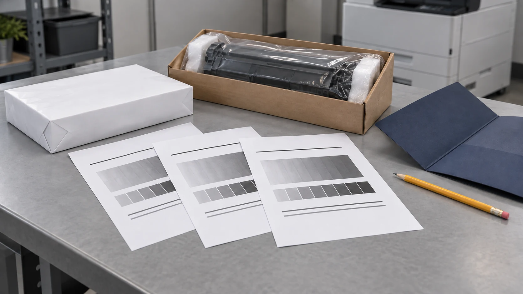 Printed sample sheets, a wrapped paper ream and a bagged toner cartridge in protective packaging are arranged on a gray bench.