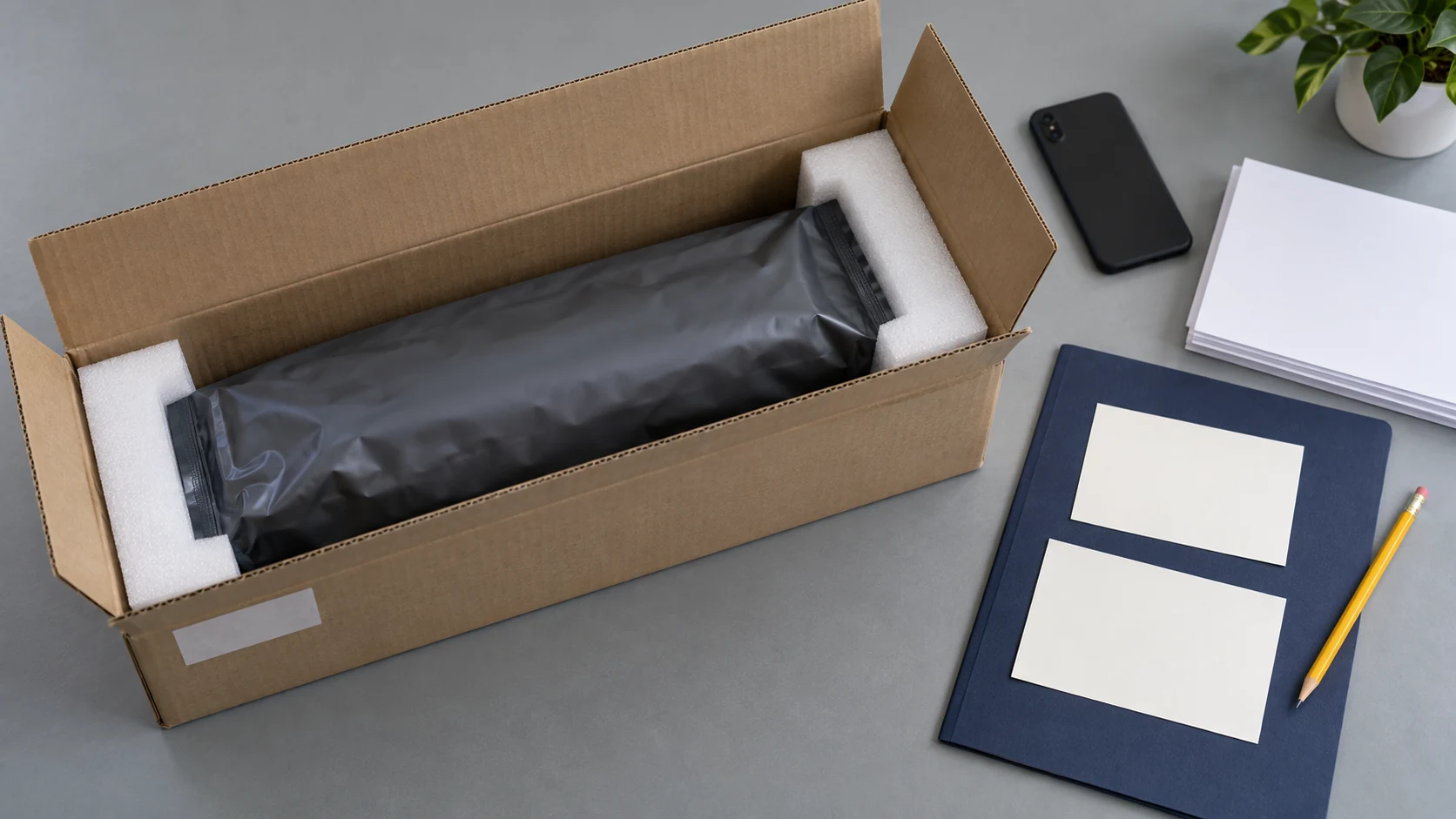 Un componente en una bolsa opaca dentro de una caja con soportes de espuma, junto a tarjetas en blanco, una carpeta y un teléfono boca abajo.