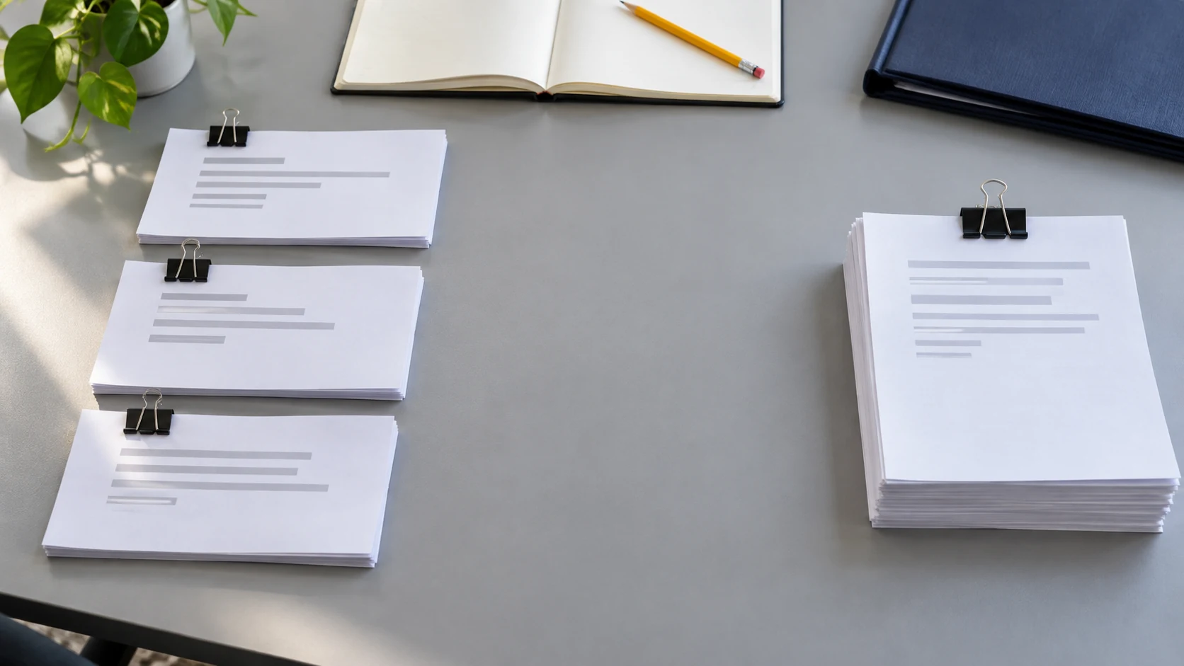 Tres grupos delgados de hojas separados y uno más grueso junto a un cuaderno en blanco y un lápiz.