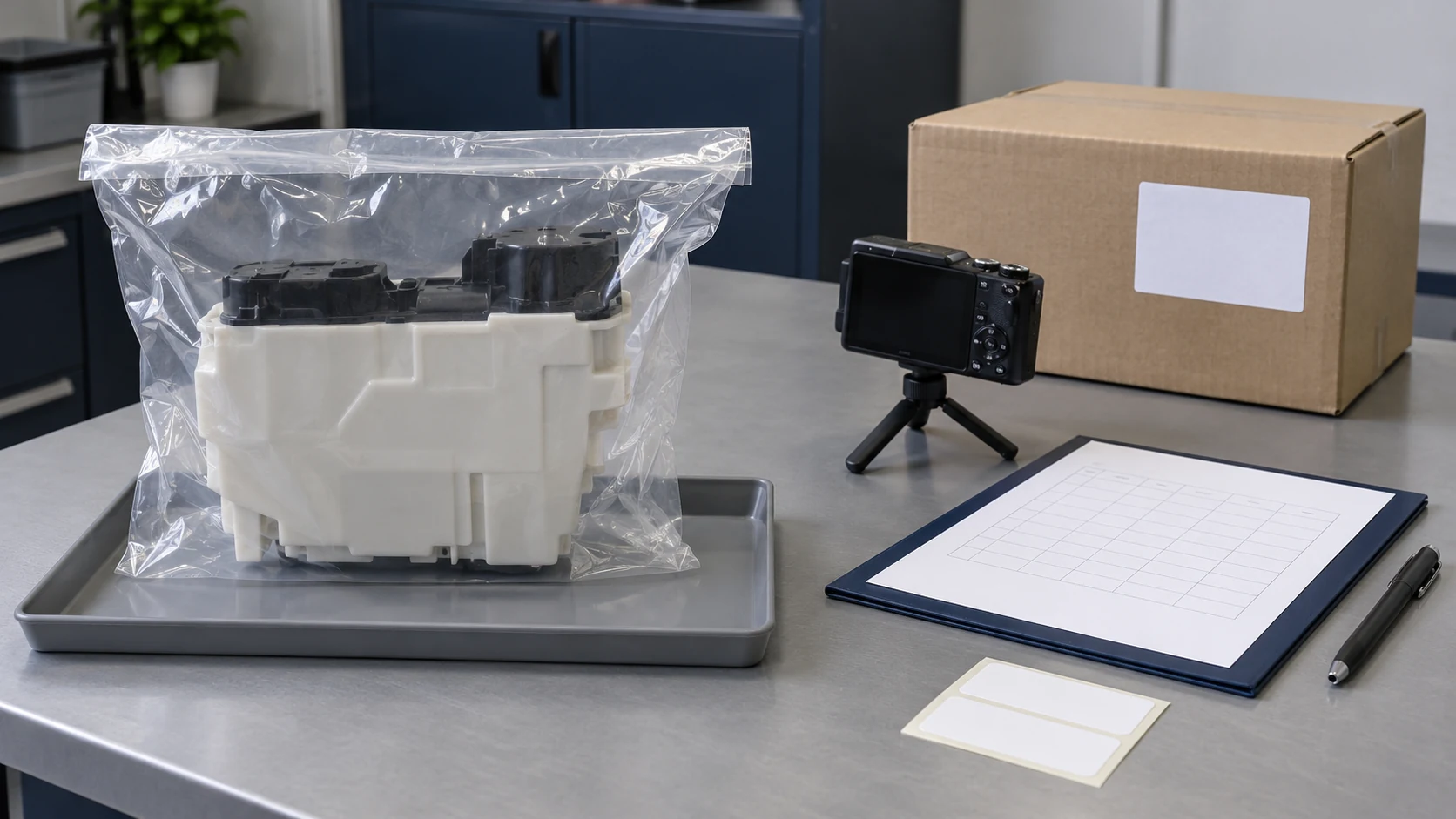 Un depósito residual vertical dentro de una bolsa transparente cerrada reposa en una bandeja junto a una cámara, una ficha sin completar, etiquetas en blanco y una caja cerrada.