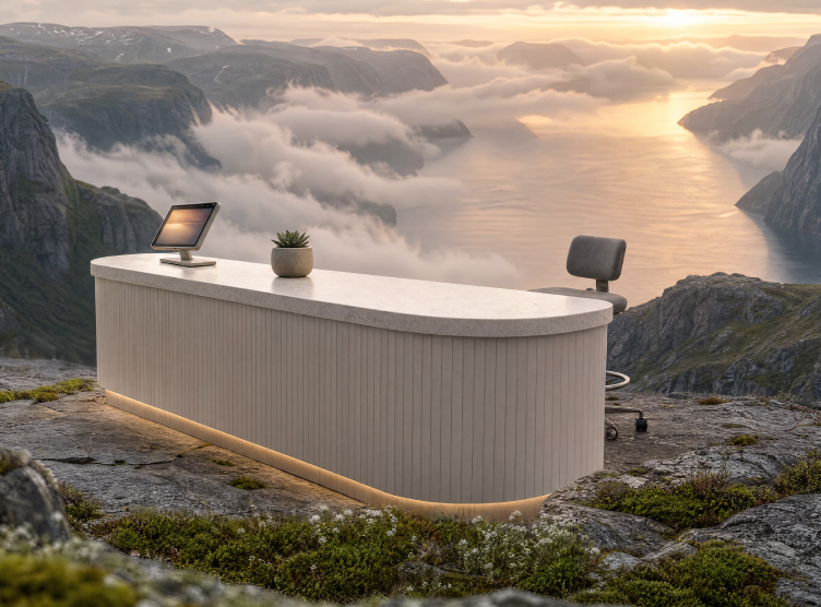 Reception desk overlooking a fjord