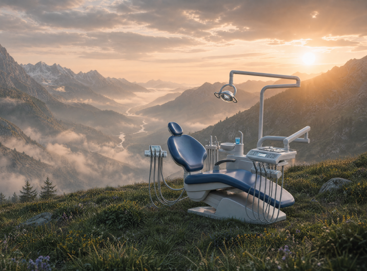 Dental chair on a mountain at sunset
