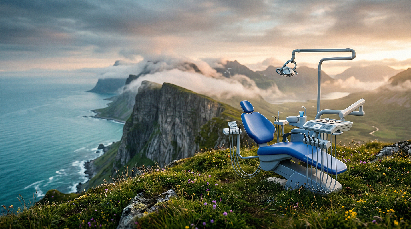 Dental chair overlooking a coastal fjord at sunset