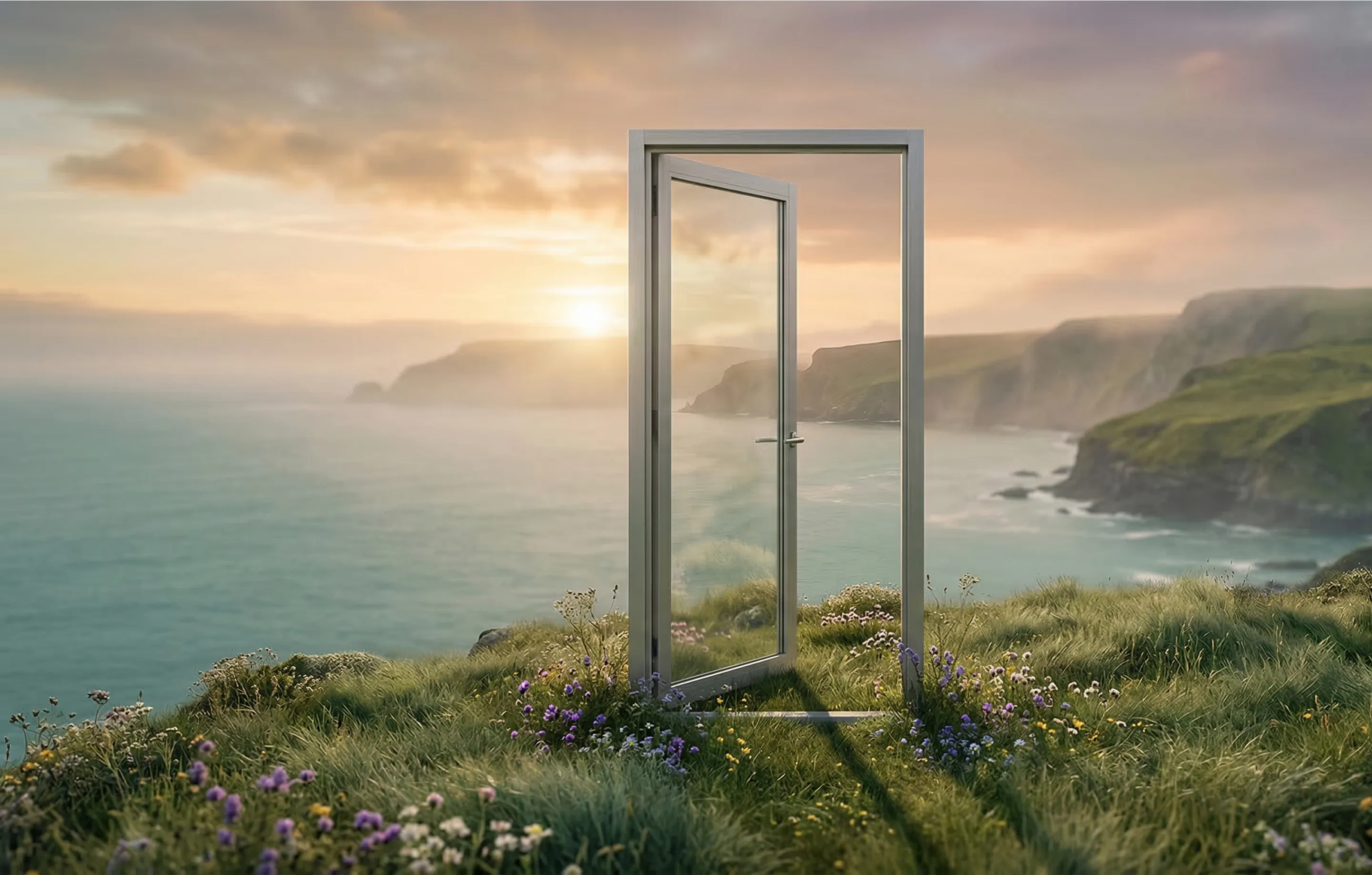 Open door overlooking coastal cliffs at sunrise